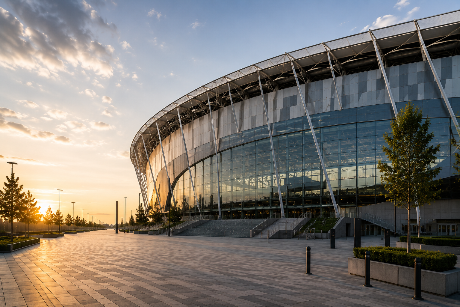 A contemporary football stadium exterior at golden hour, viewed from outside